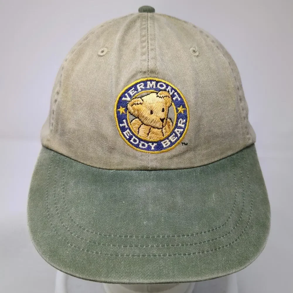 Adams Baseball Cap Beige Green Leather Strap Vermont Teddy Bear Hat Vintage
